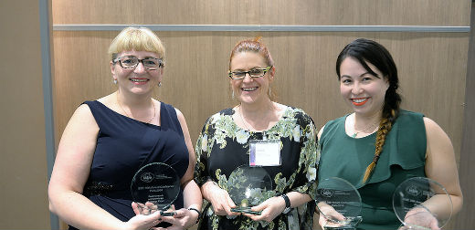 Award winners: Sally Jone, middle, with fellow winners, Natalie Vershinina, Birmingham University, right, and Angela Dy of Loughborough University, left, with their Best Paper in the Gender and Enterprise Track awards.